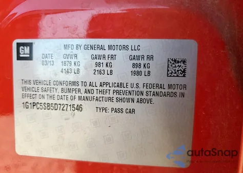 2013 Chevrolet Cruze Lt z USA, uszkodzony, nr VIN 1G1PC5SB5D7271546